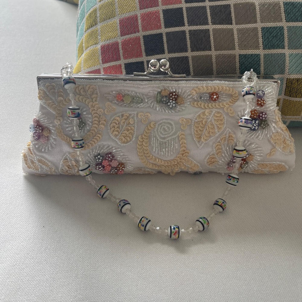 White Beaded Satin Clutch with Beaded Strap